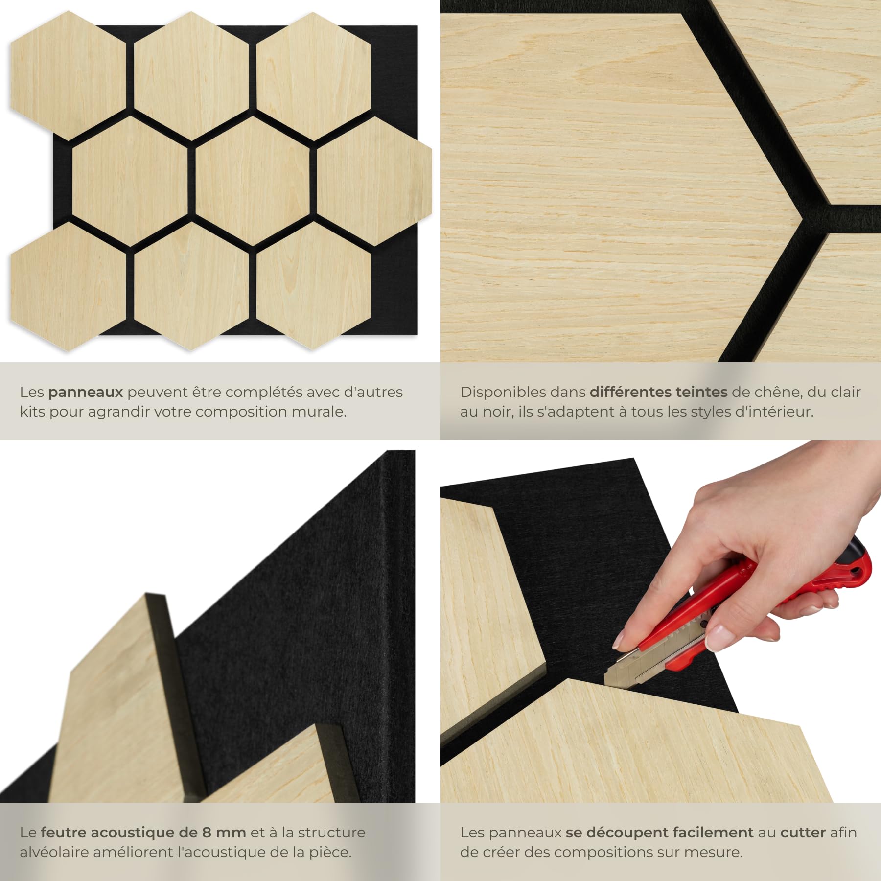 tectake® Panneaux acoustiques 76 x 62 cm, Lot de 8, Aspect Chêne, MDF et Placage en bois véritable, Découpables, Feutre insonorisant, Panneaux isolants phonique, Montage facile - Chêne Clair