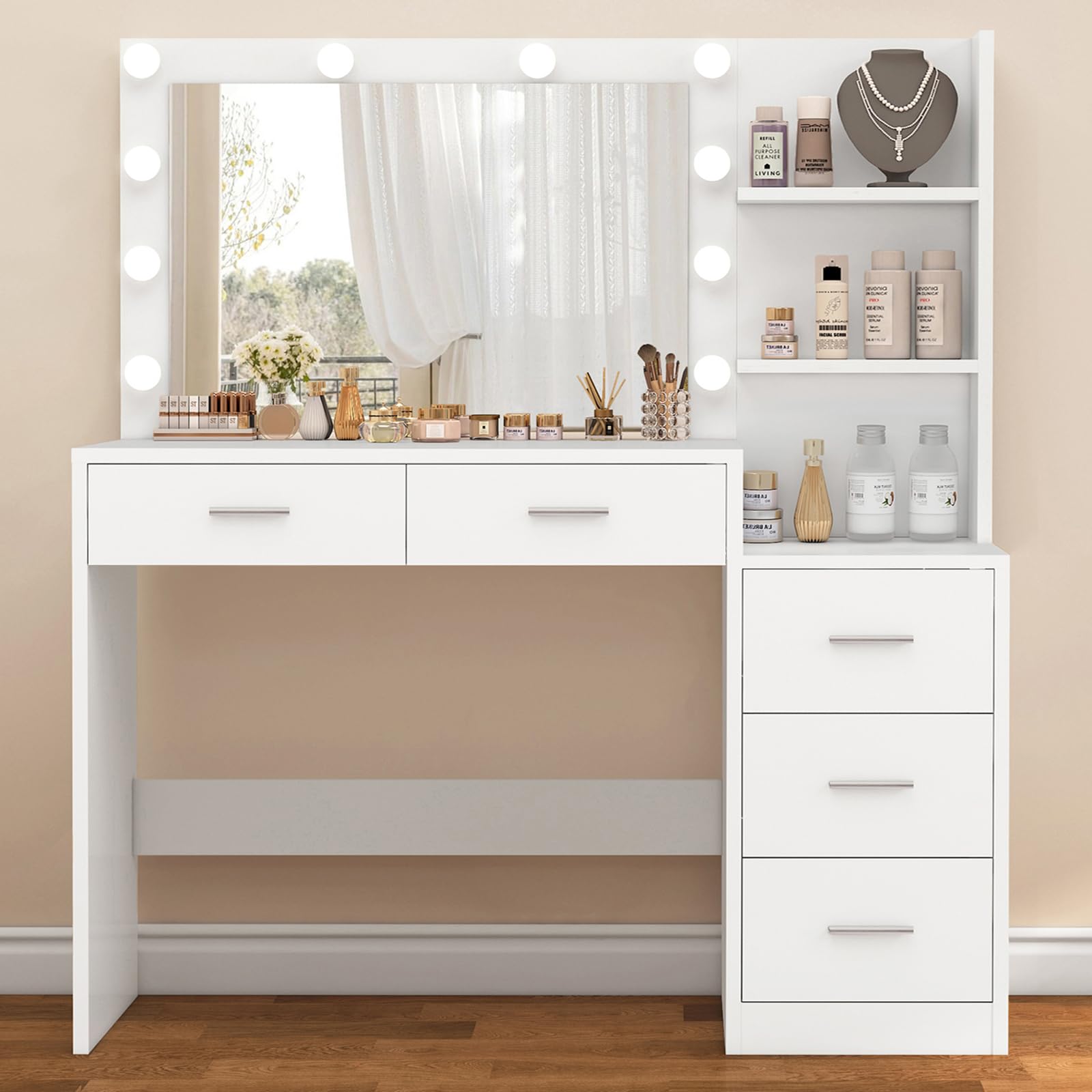 FIONESO 110cm Tocador de Maquillaje con Espejo Grande y Luces LED, Mesa de Maquillaje con 5 Cajones, 2 Estantes Abiertos, para Niñas, Blanco