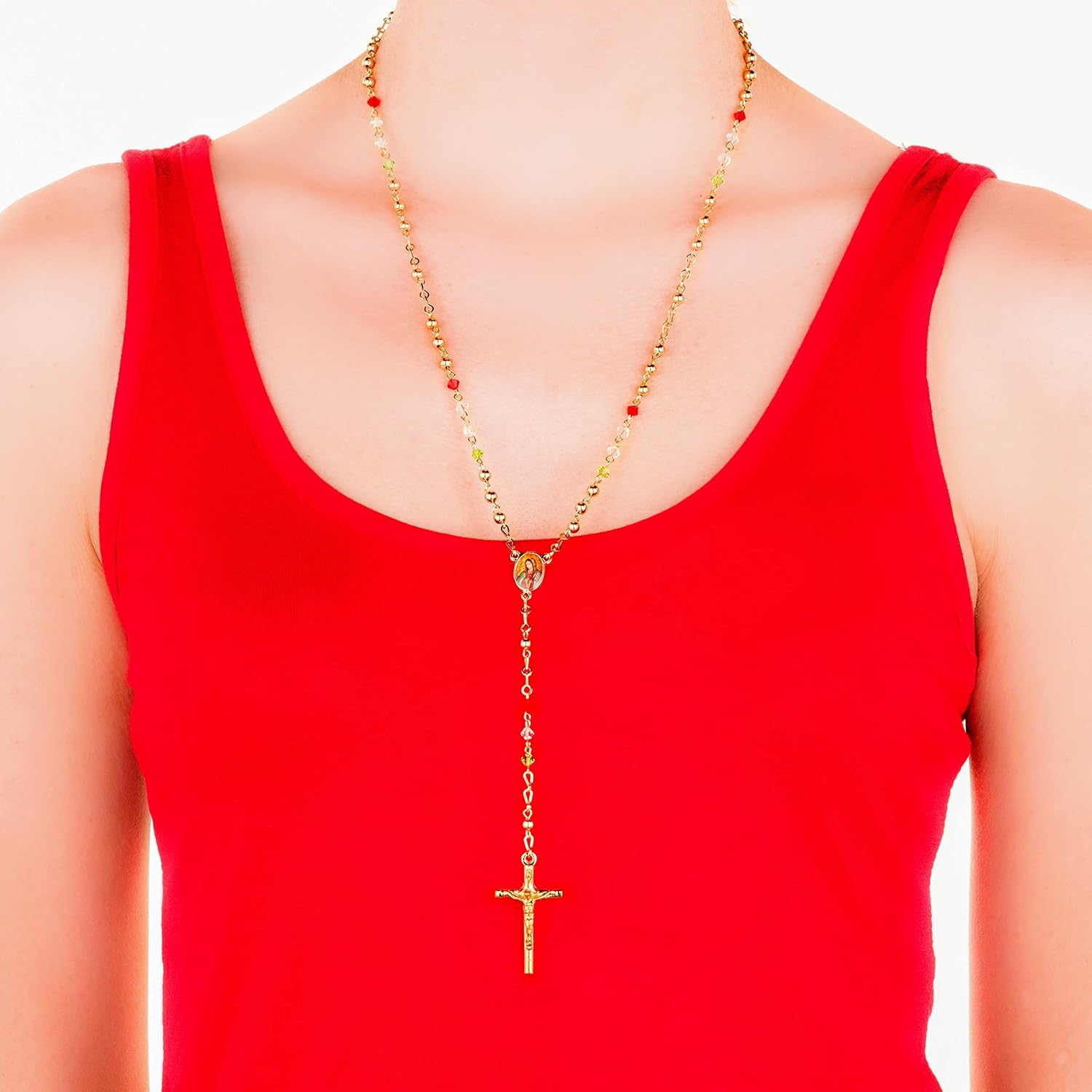 LIFETIME JEWELRY Gold Rosary Crucifix Necklace with Colorful Crystal Prayer Beads 24K Real Gold Plated