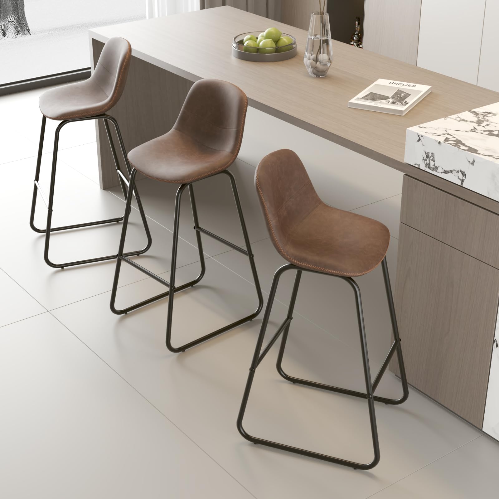 Hovos Counter Height Barstools Set of 4, Modern Bar Stools Chairs with Back Support, Faux Leather Barstool Chairs with Metal Legs for Kitchen Island,