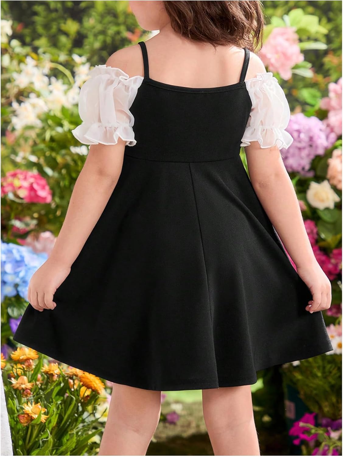 MakeMeChic Girl's Summer Dress Cute Bow Knot A Line Spaghetti Strap Puff Sleeve Mini Party Dresses - Image 2