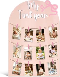 Pink Bow My First Year Photo Board for Baby Girl, 12 Month First Birthday Picture Frame Holds 12 4x6 Photos with Clips and String, Baby Milestone Photo Display for 1st Birthday Party Decor