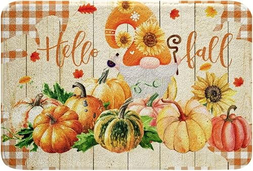 Fall Gnome Bath Mat for, Pumpkin Maple Leaf Sunflower Rugs, Orange Plaid Wooden Bath Carpets, Non Slip Plush, 32x20In