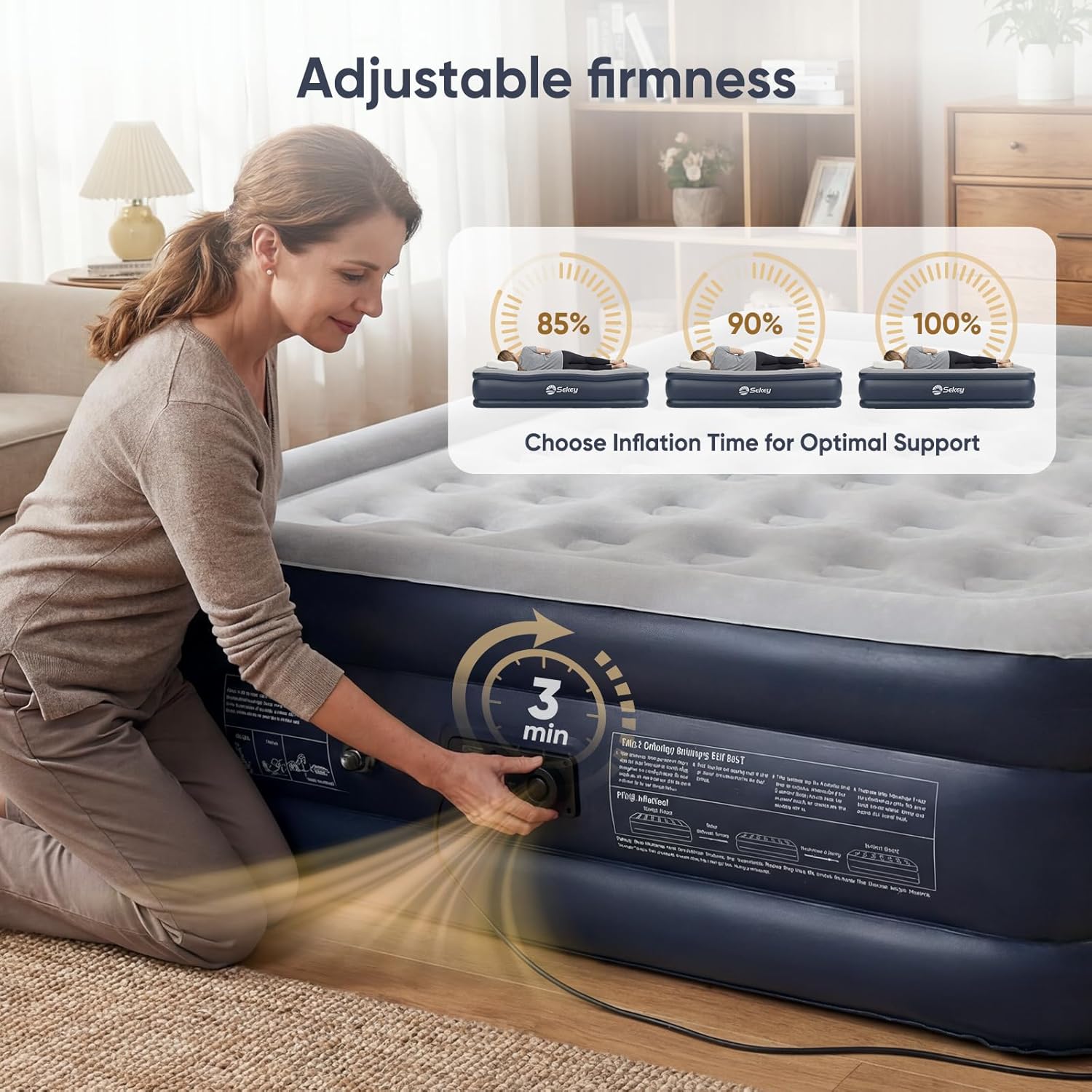 Sekey Queen Air Mattress with Built-in Pump, 18" Raised Inflatable Bed with Anti-Deflation Technology, Odorless & Puncture Resistant Blow Up Mattress for Home Guests & Travel, 660 lbs Capacity