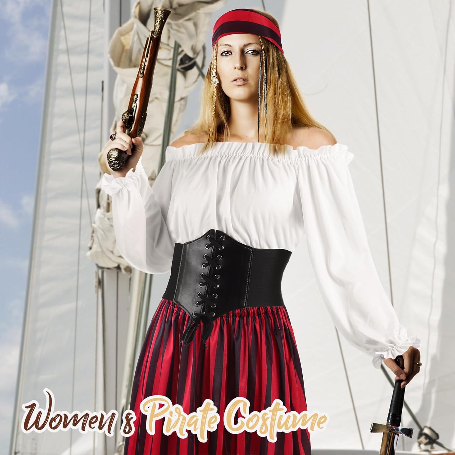Newcotte Pirate Costume Women Adult Renaissance Blouse Top Corset Waist Belt Pirate Skirt Medieval Womens Outfit Halloween