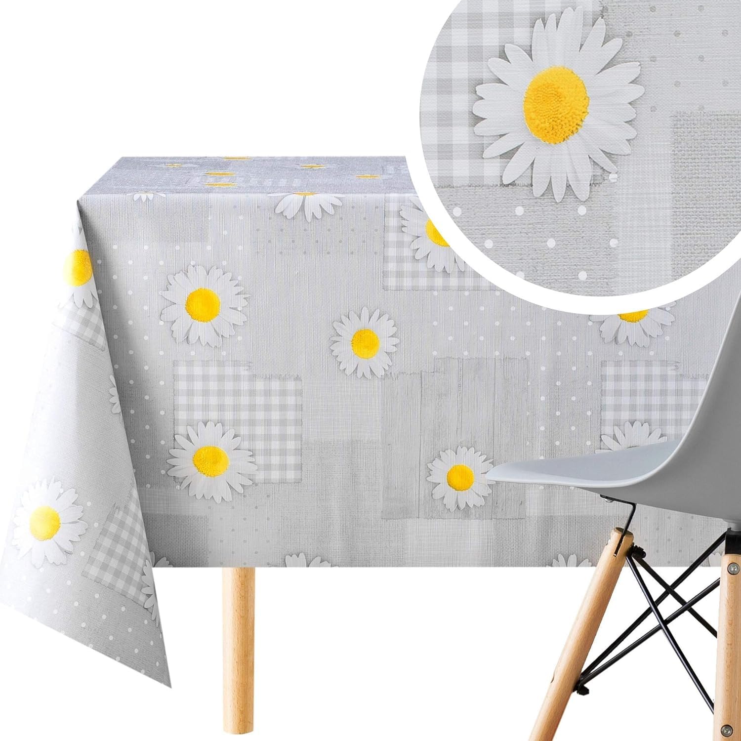 KP HOME Wipe Clean Tablecloth Rectangular 98.4x 55.1 In (250x140cm) - PVC Large Outdoor 8 Seat Wipeable Oilcloth Table Cover - Grey Waterproof Plastic Table Cloth With Daisy Flower Patchwork