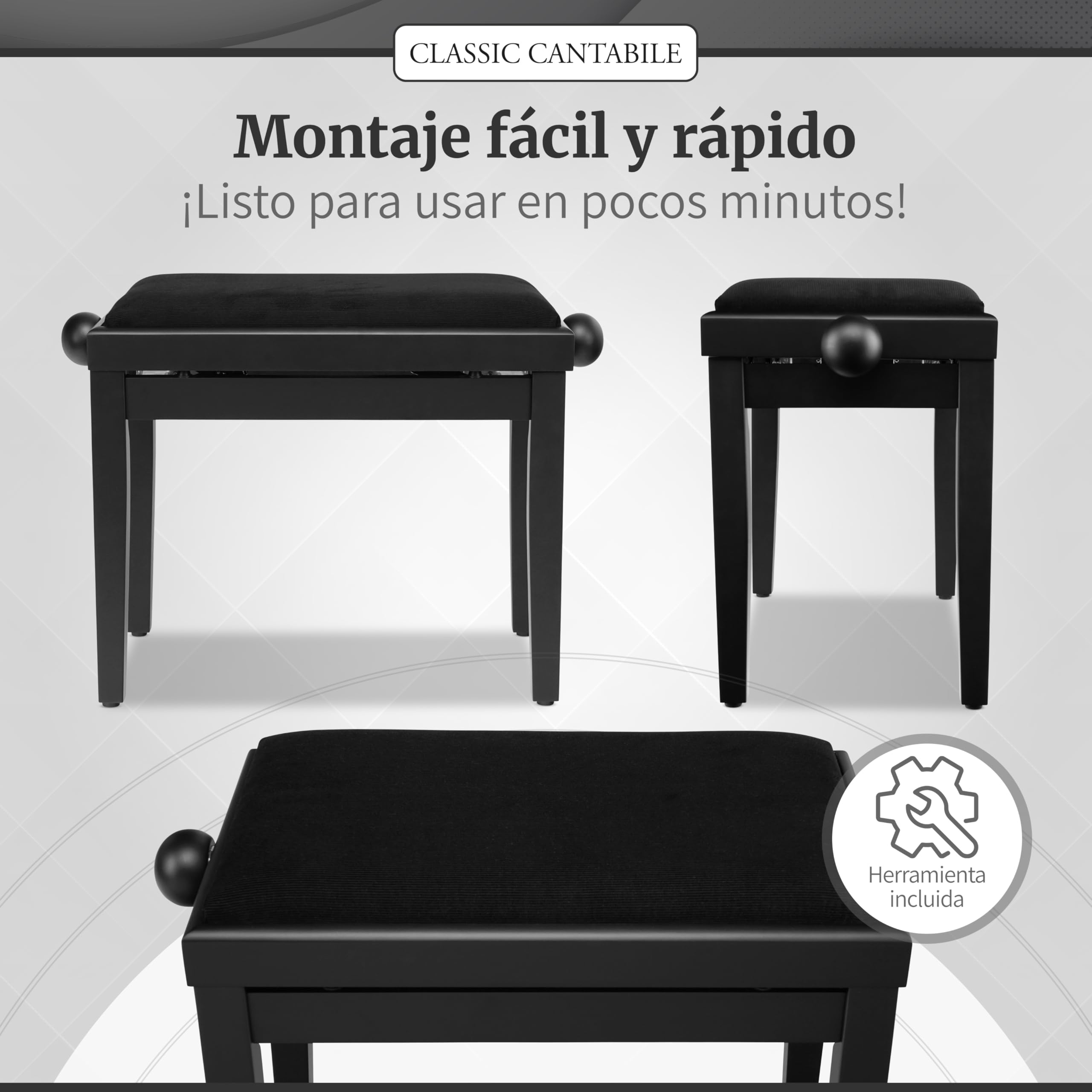 Classic Cantabile Banqueta para Piano Negro Mate - Altura Regulable de 47-56cm - Banco con Mecanismo de husillo - Asiento de Taburete 55 x 32cm - Silla con Funda de Terciopelo, Estable
