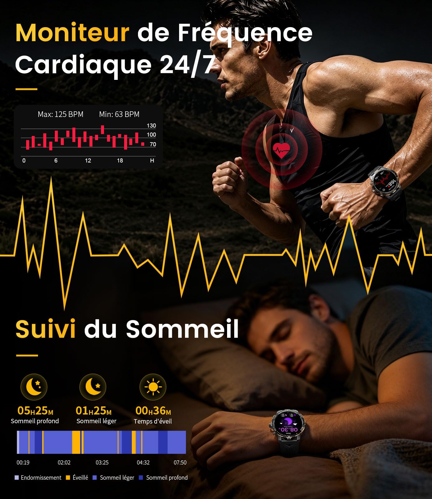 DREMAC Montre Connectée Homme 800 mAh Batterie, 1.43'' Amoled Montre Intelligent avec Fréquence Cardiaque/Suivi de Sommeil, IP68 Smartwatch avec 200 Modes Sportifs pour iOS/Android, 2 Bracelets
