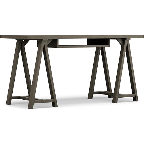 SIMPLIHOME Sawhorse SOLID WOOD Modern Industrial 60 inch Wide Writing Office Desk in Farmhouse Grey for the Office Desk, Writing Table, Workstation and Study Table