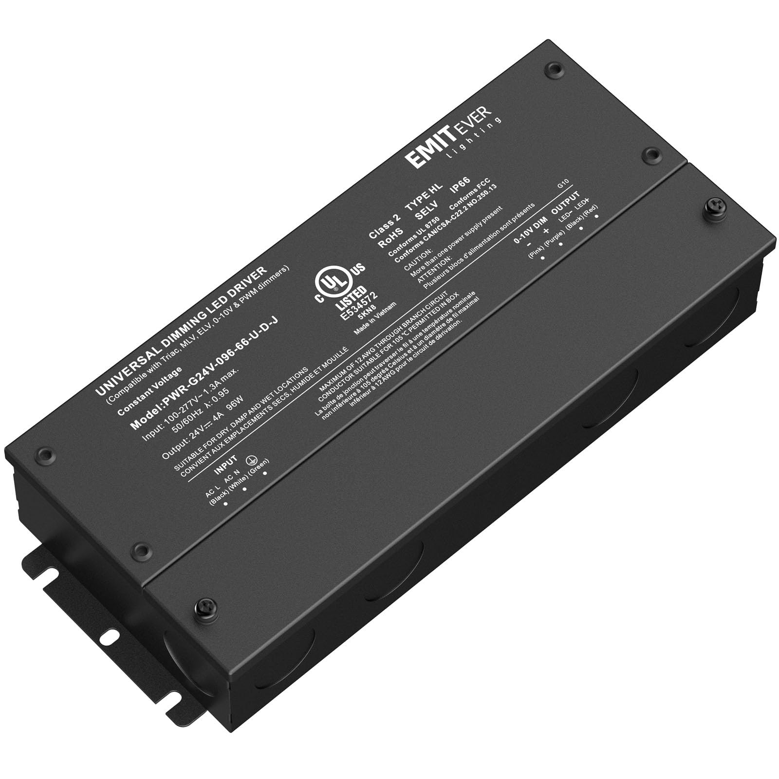 Emitever Controlador LED regulable, 96 W CA 100 V-227 V a CC 24 V, atenuación 5 en 1: ELV/MLV/TRIAC / 0-10 V / 1-10 V / 10 V PWM/potenciómetro, resistente al agua IP67 y certificación UL, clase 2