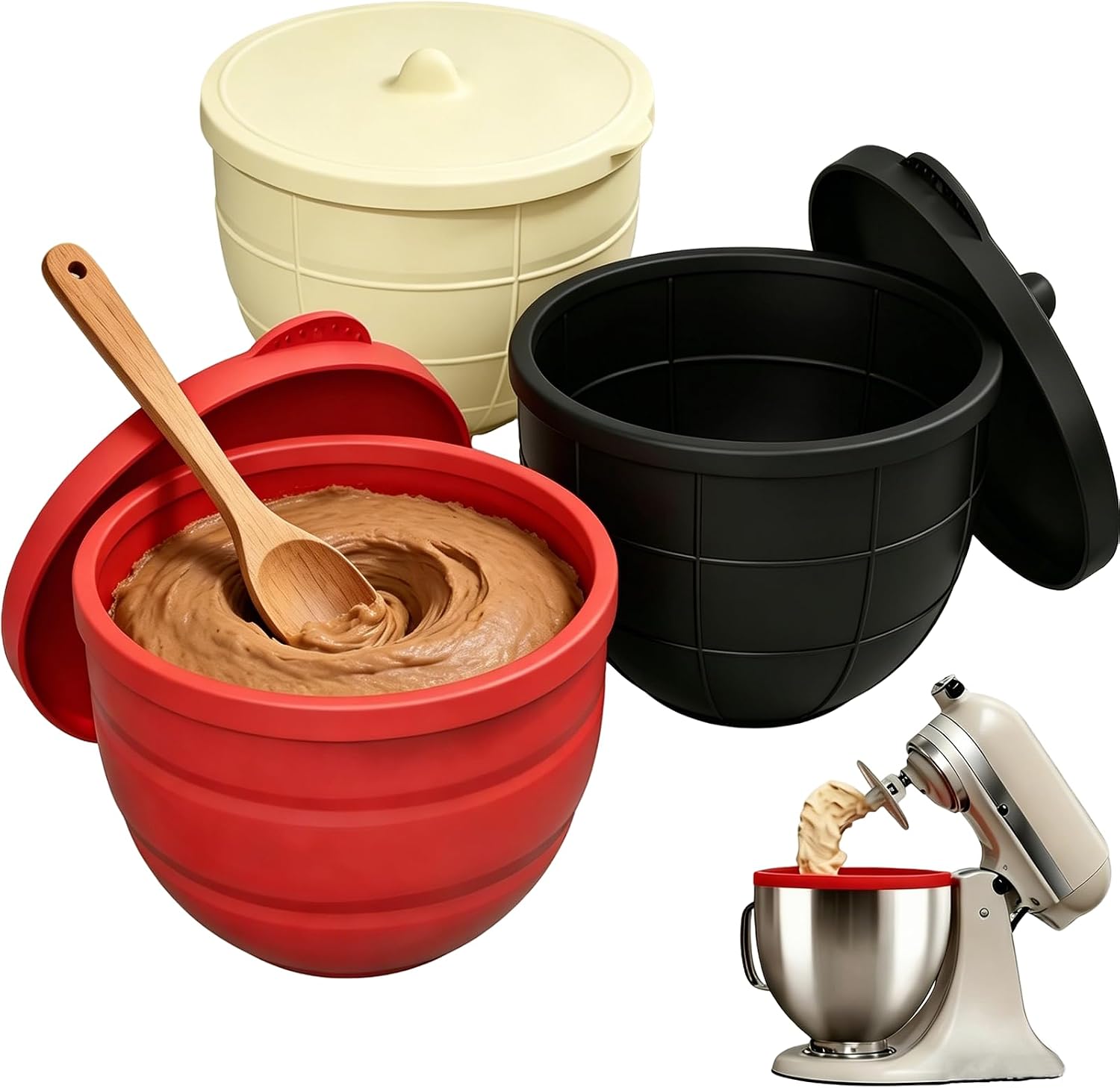 Silicone Bowl Liners for 5 Qt KitchenAid Mixers with Lid,Multi-Use Flexible Baking Bowl & Stackable Food Storage Container,Reinforced No-Collapse Design,Dishwasher Safe (3-a, 2PCS)