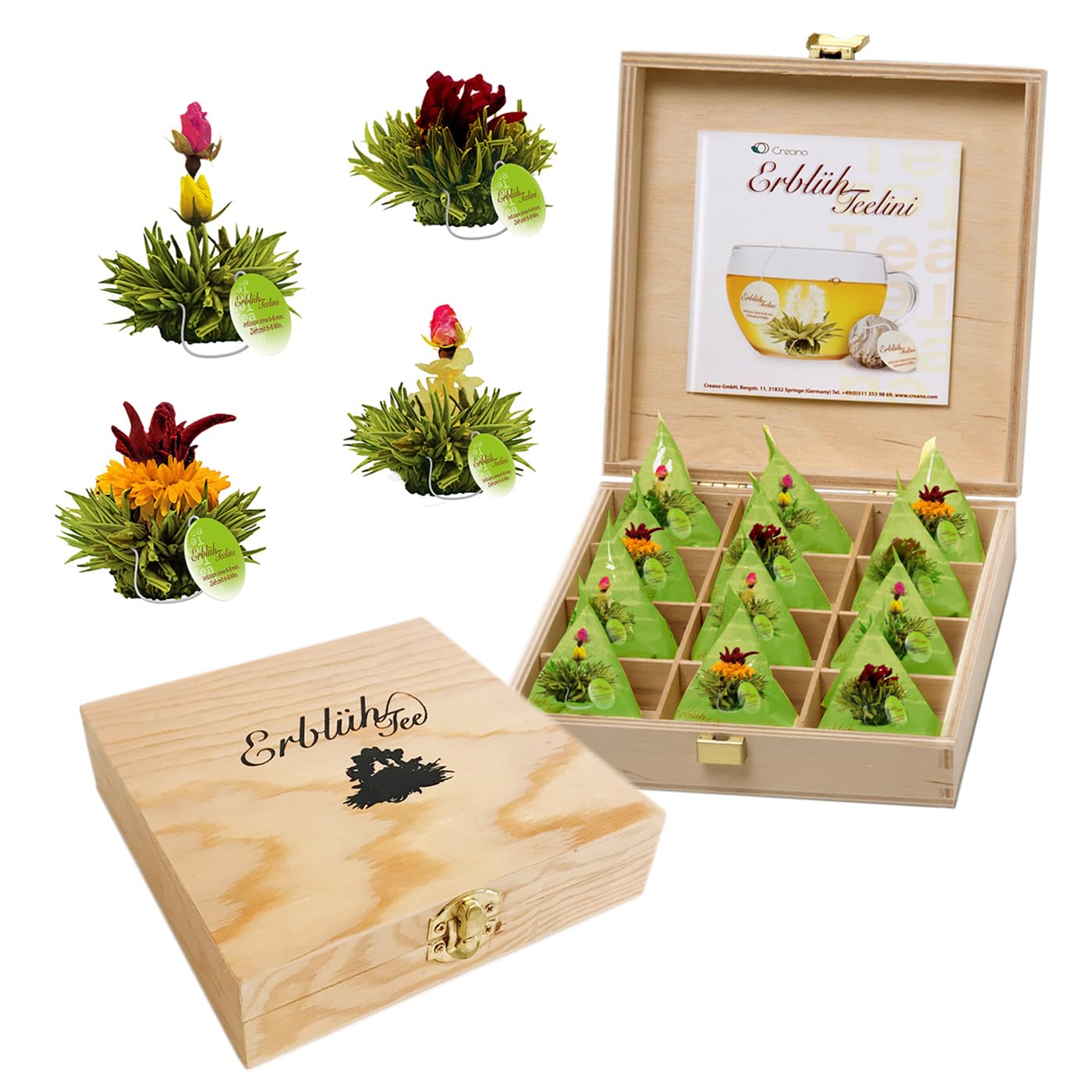 Creano Tea Flowers in Cup Size – Gift Set In Wooden Tea Box – 12 Blooming Tea Green Tea in 4 Varieties – Gift For Women, Mother, Tea Lovers