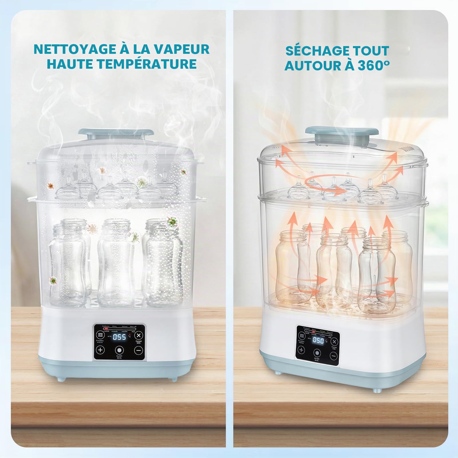 Stérilisateur et séchoir pour biberons, 5 en 1 stérilisateur électrique à vapeuravec avec kit de nettoyage, 2 layer niveaux pour biberons, tétines et accessoires de tire-lait, blanc