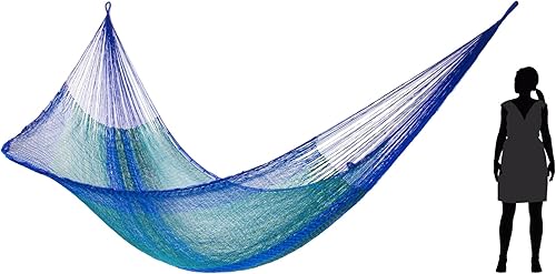 Miniatura 3 de NOVICA Hamaca artesanal hecha a mano a rayas maya individual azul verde nailon México cuerda sólida tamaño de la cama 78 pulgadas de largo x 48