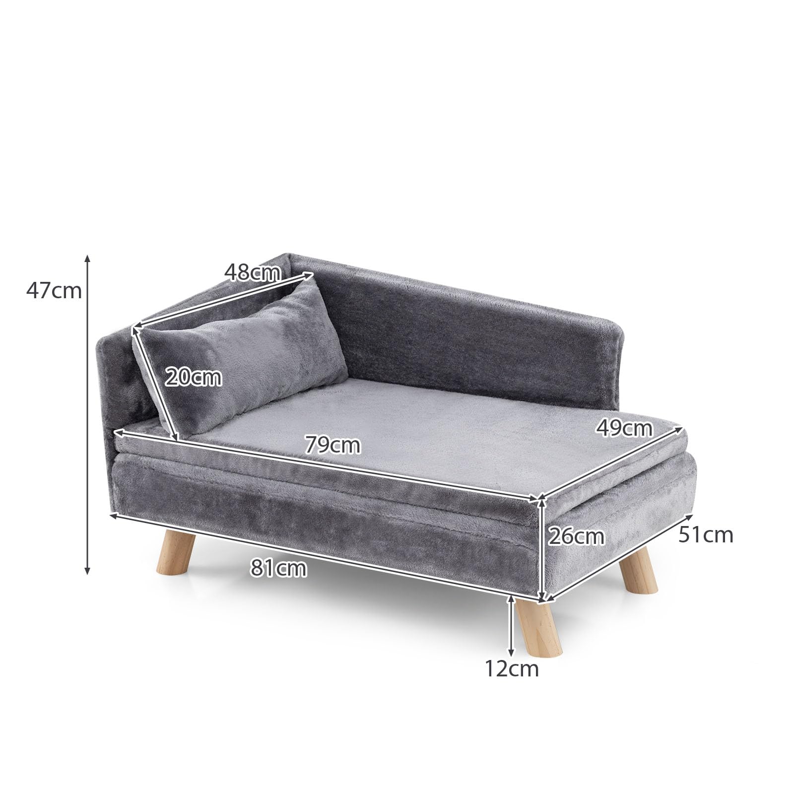 GYMAX Hundesofa erhöht, Katzensofa mit Rückenlehne, Kiefernholzbeinen & abnehmbaren Kissen, Haustiersofa für mittlere Hunde unter 50 kg, Hundebett, Hundecouch, 81 x 51 x 47 cm (Grau)