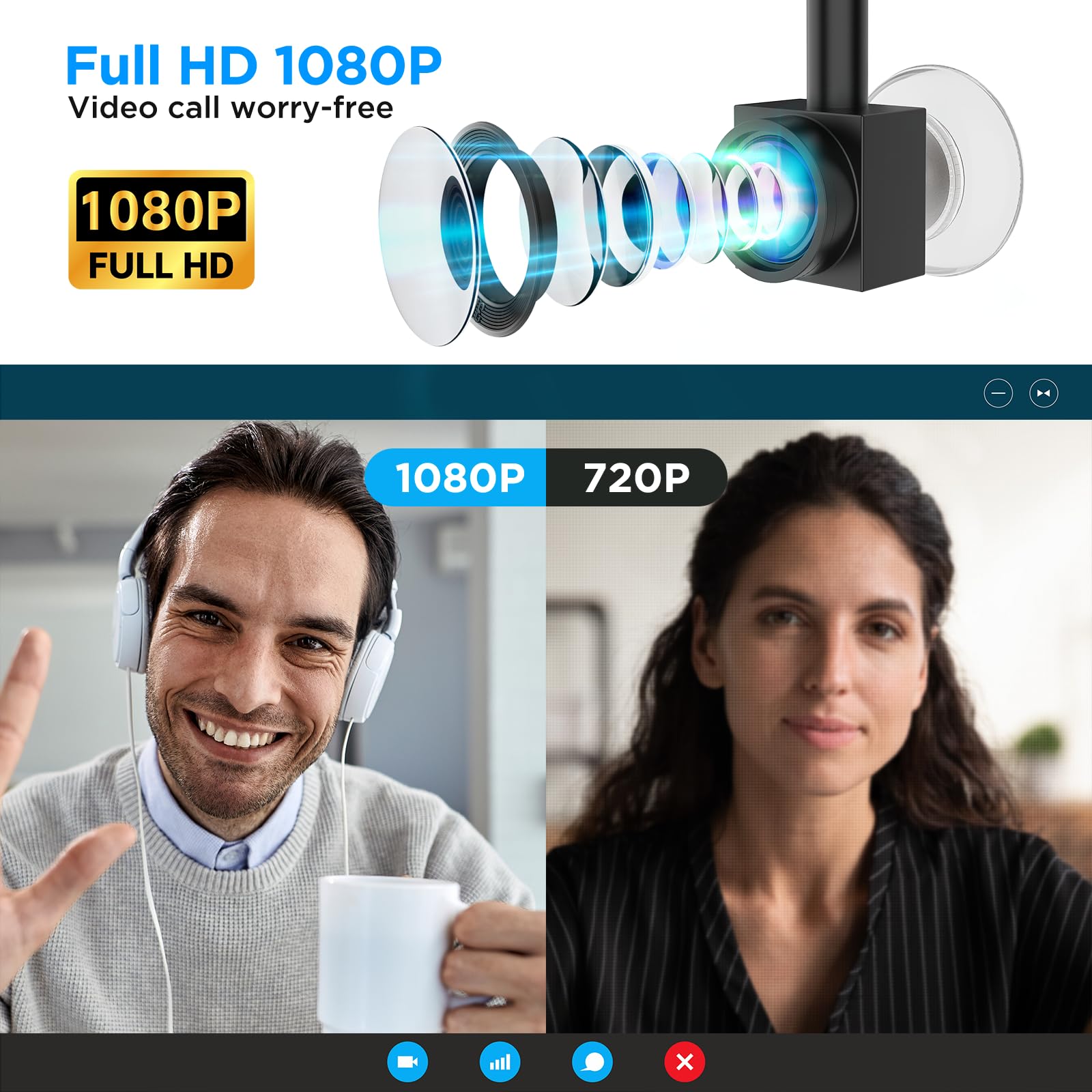 Uyissykia Eye Contact Webcam 1080P Auto Focus with Suction Cup of Center Screen, Web cam with Noise-Cancelling Microphone for PC and Laptop,Plug & Play USB Webcam for Zoom/Teams/Streaming — view 3