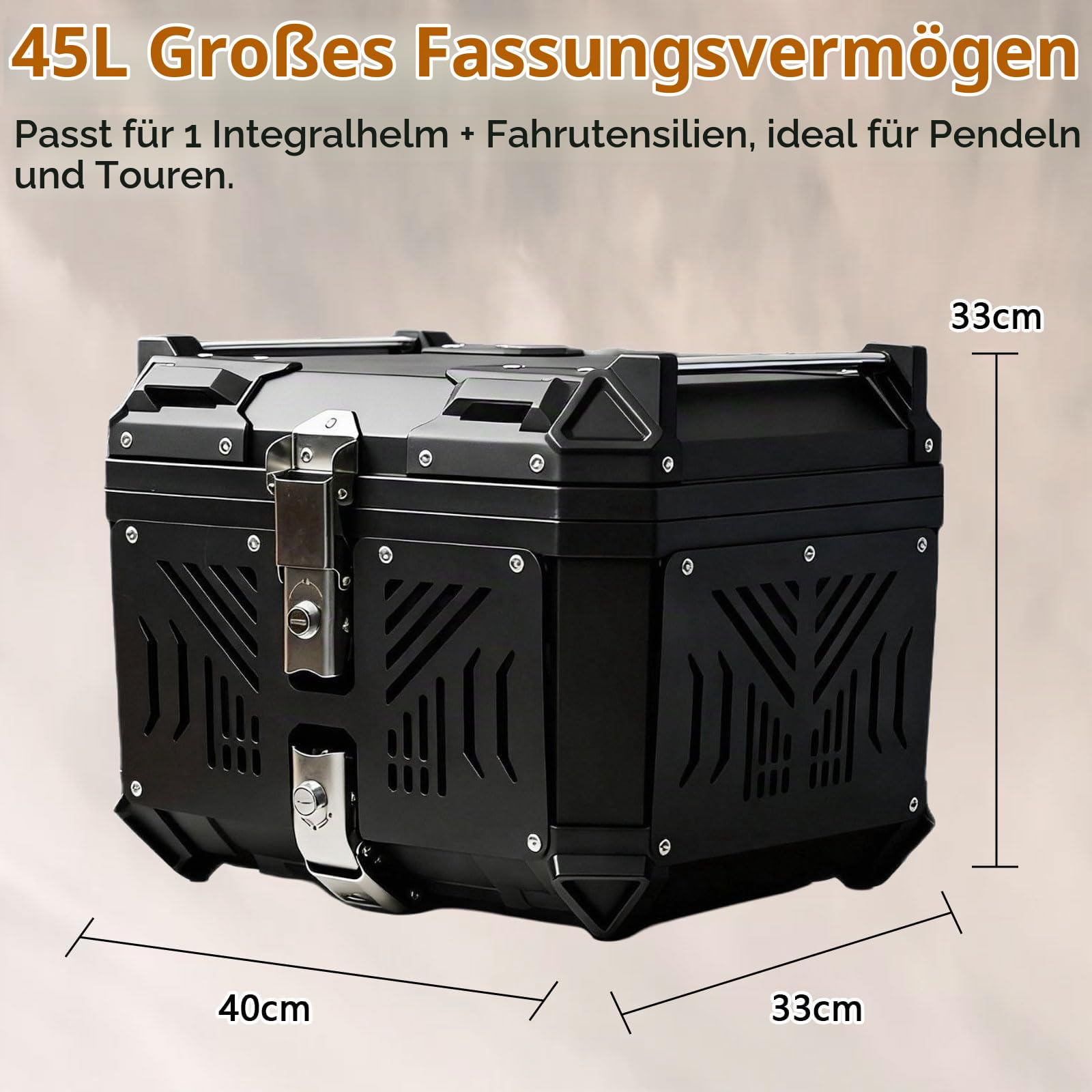 45L Motorrad Topcase wasserdicht mit Sicherheitsschloss, Aluminiumlegierung Motorradkoffer mit Kohlenstoffstahl-Bodenplatte & Diebstahlsicherung mit Federverriegelung, 40*33*33cm für Helm & Zubehör