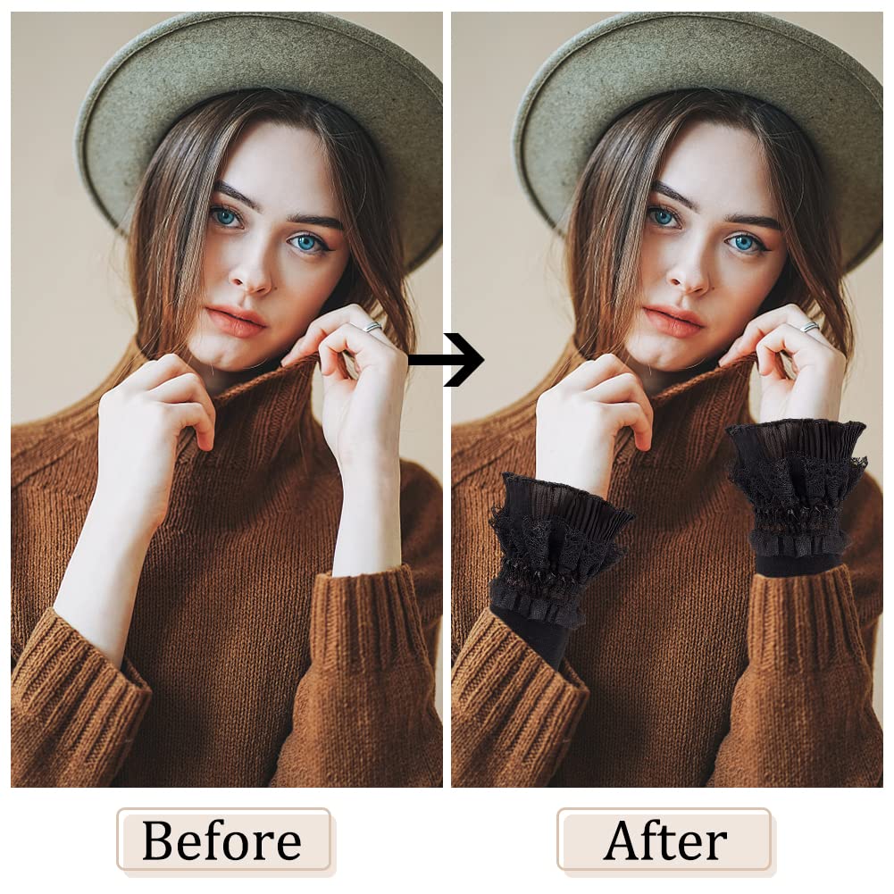 AHANDMAKER Lot De 2 Paires De Manchettes Jabot Superposées En Dentelle