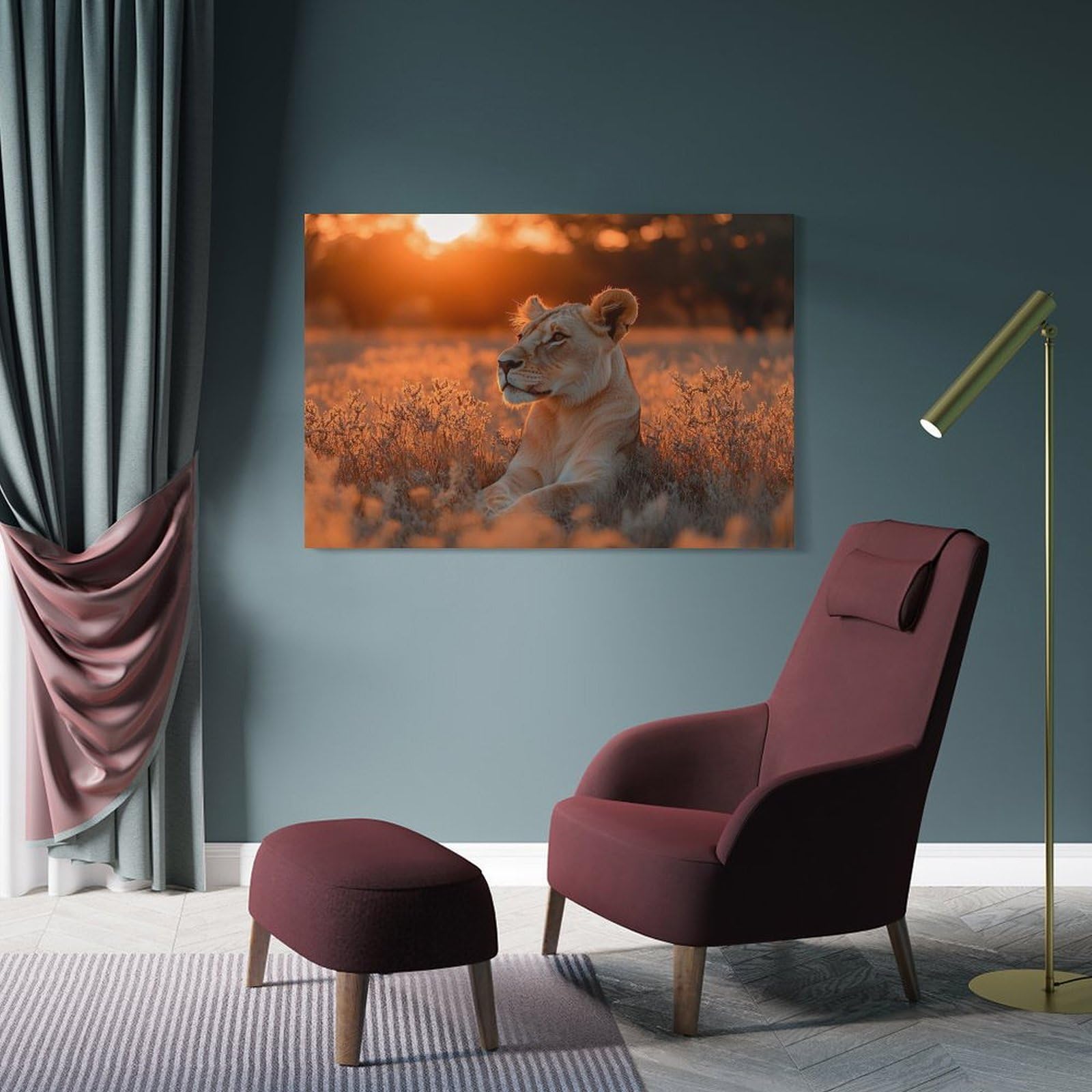Junmoney Lioness in Golden Sunset Light Canvas Wall Picture, 24x36inch(60x90cm), for Wall Displays, Bedrooms Or Room Updates, Wall Decor Suited to Curated Displays