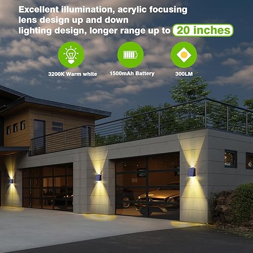 Miniatura 6 de SEEMAIL Luces solares de pared para exteriores, 2 LED de 300 lm de alto brillo, luces solares exteriores hacia arriba y hacia abajo, luces