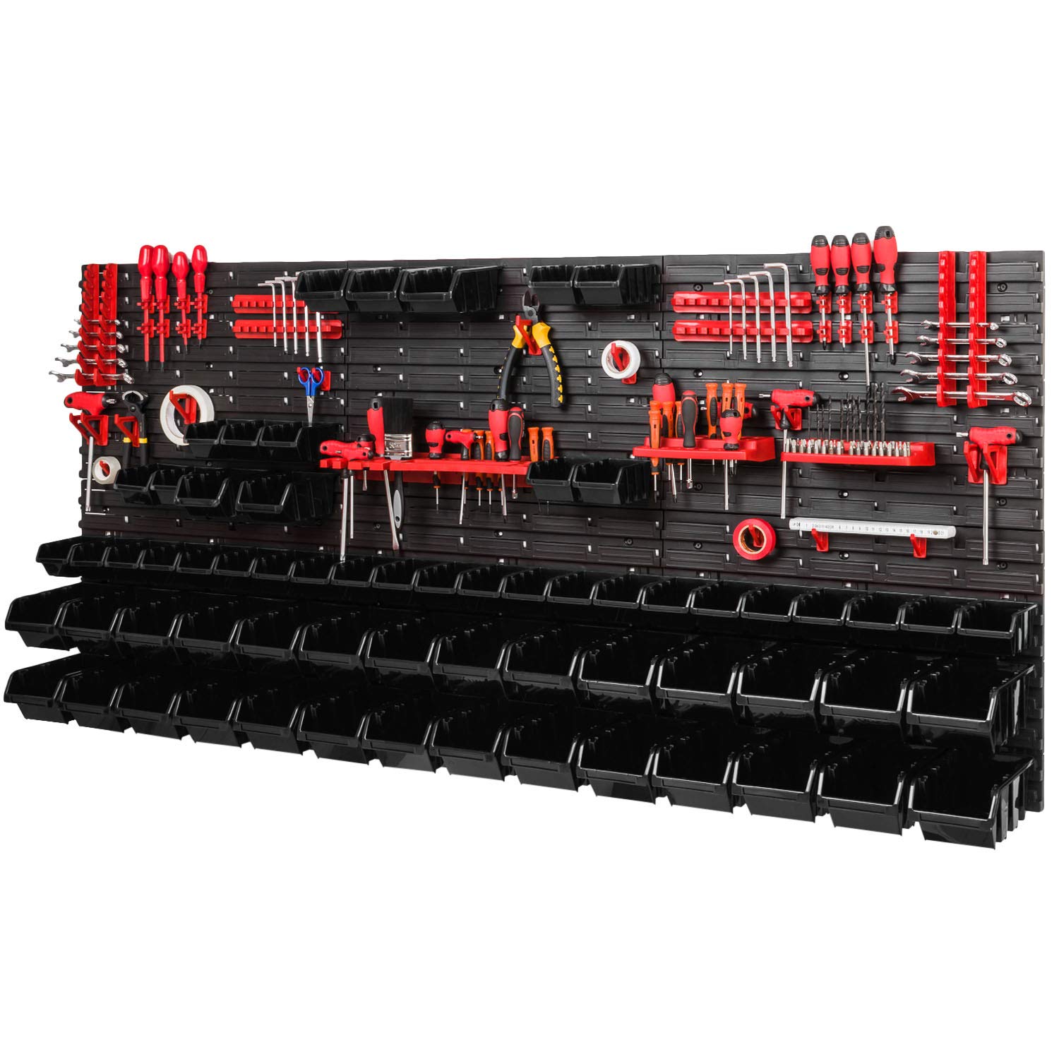 PAFEN Storage System Workshop Shelving 1728 x 780 mm - Wall Shelf with Tool Holder and 64 Black Stacking Boxes - Wall Plates
