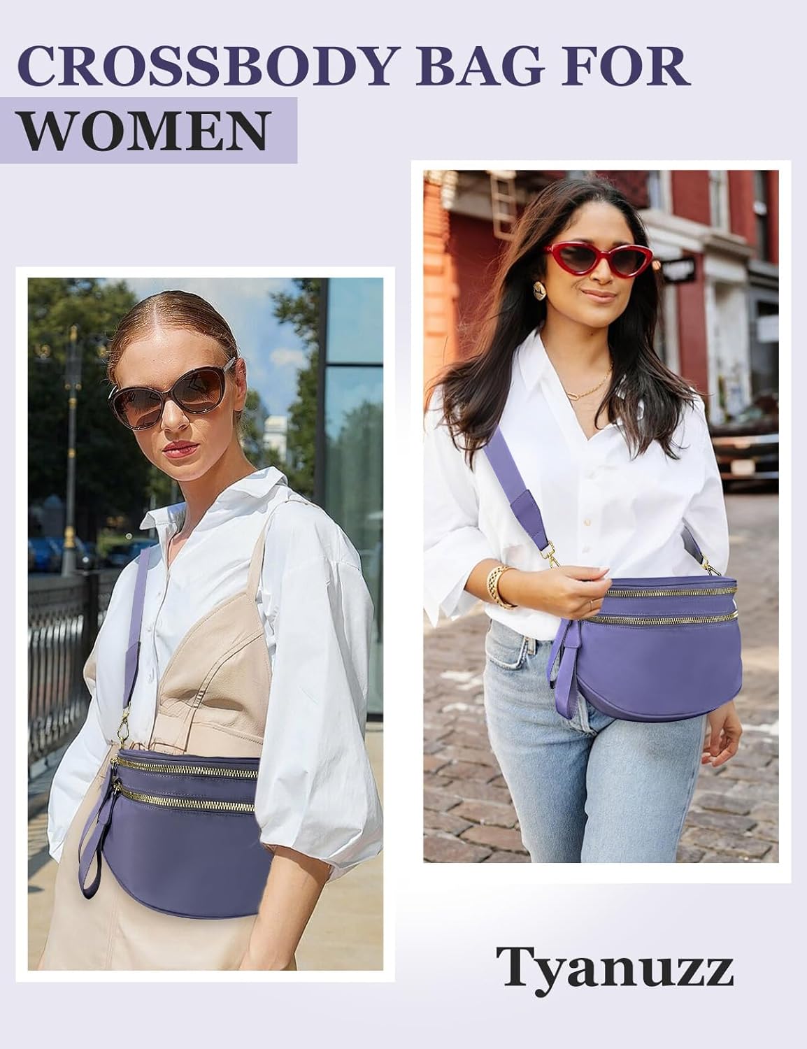 Bum Bags for Women Nylon Crossbody, Spacious Fanny Packs Belt Bag Large Sling Bag with Adjustable Strap (Purple) - Image 2