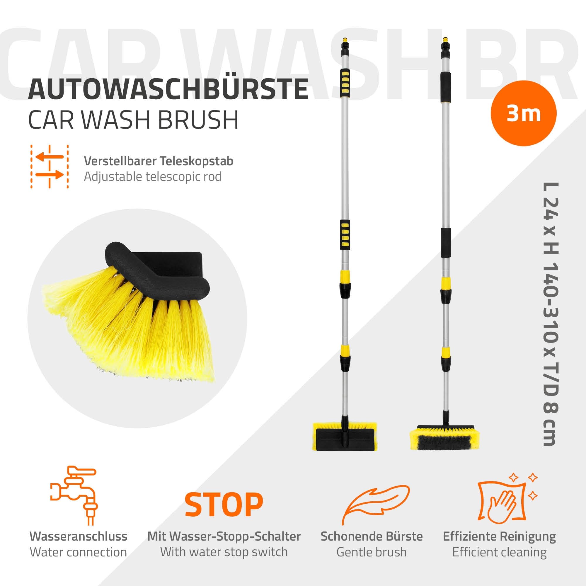 ECD Germany Spazzola di Lavaggio Telescopica per Auto Morbida - Allungabile 130-300 cm - Idrospazzola Autolavaggio Spazzolone Pulizia Cura per Auto Camper Camion SUV con Interrutore ON/OFF Acqua
