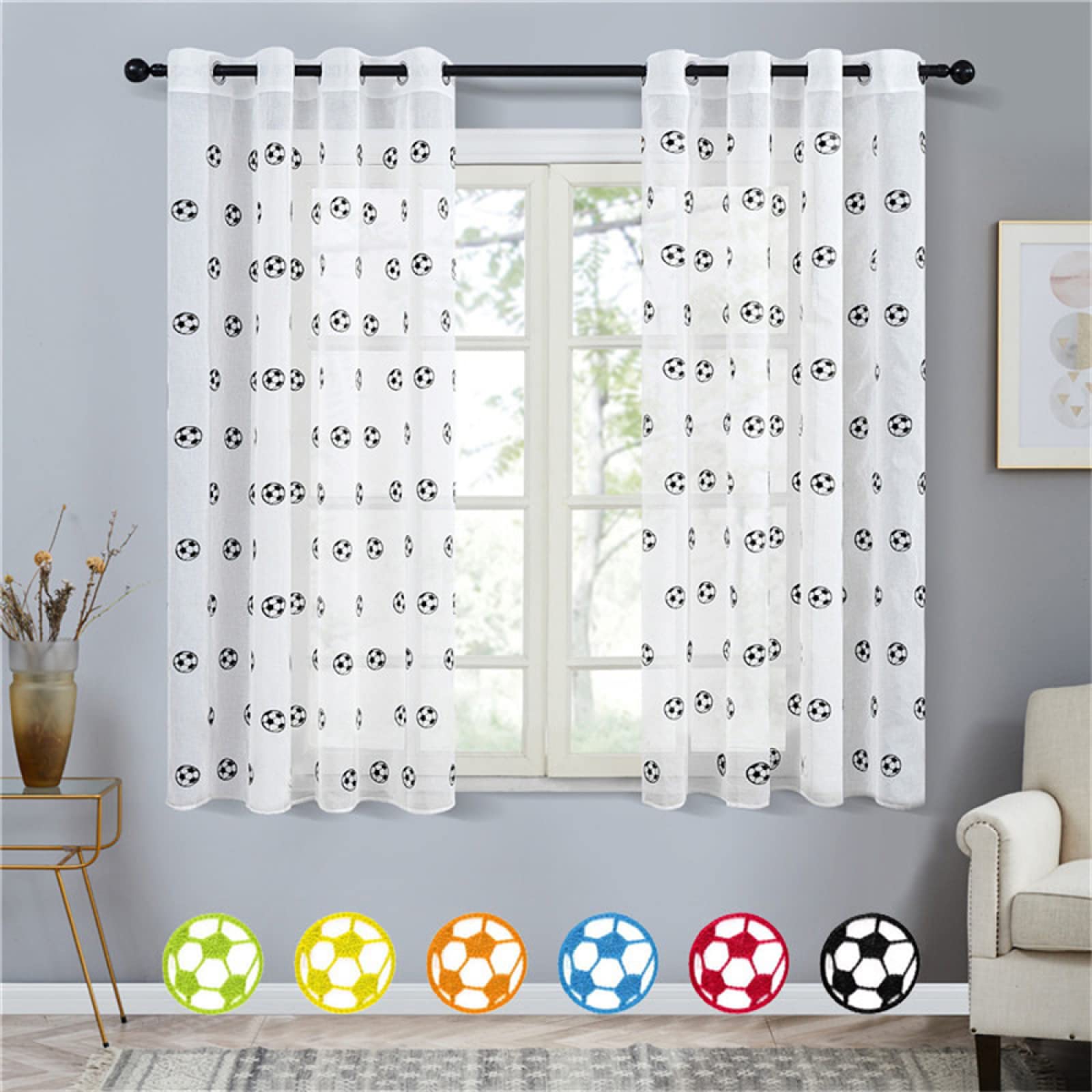 2 Stück Sheer Vorhänge Lässige Vorhang Mit Ösen,Luftig Dekoschal für Wohnzimmer Schlafzimmer Stores Küche - (B132 x H138cm) Schwarz-Weiß-Fußball