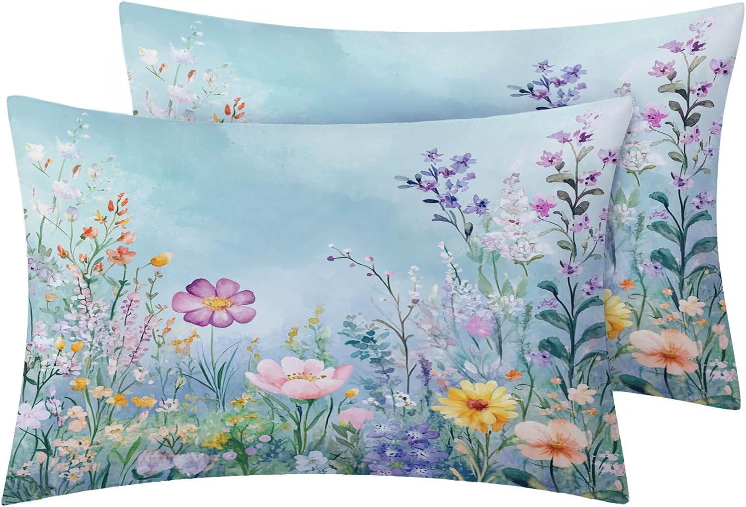 Wildflower Bedding Queen Size Duvet Cover Set 3 Piece, Watercolor Flower Bedroom Decor, Spring Garden Floral Duvet Cover & 2 Pillow Shams, with Zipper & Ties, Super Soft Microfiber
