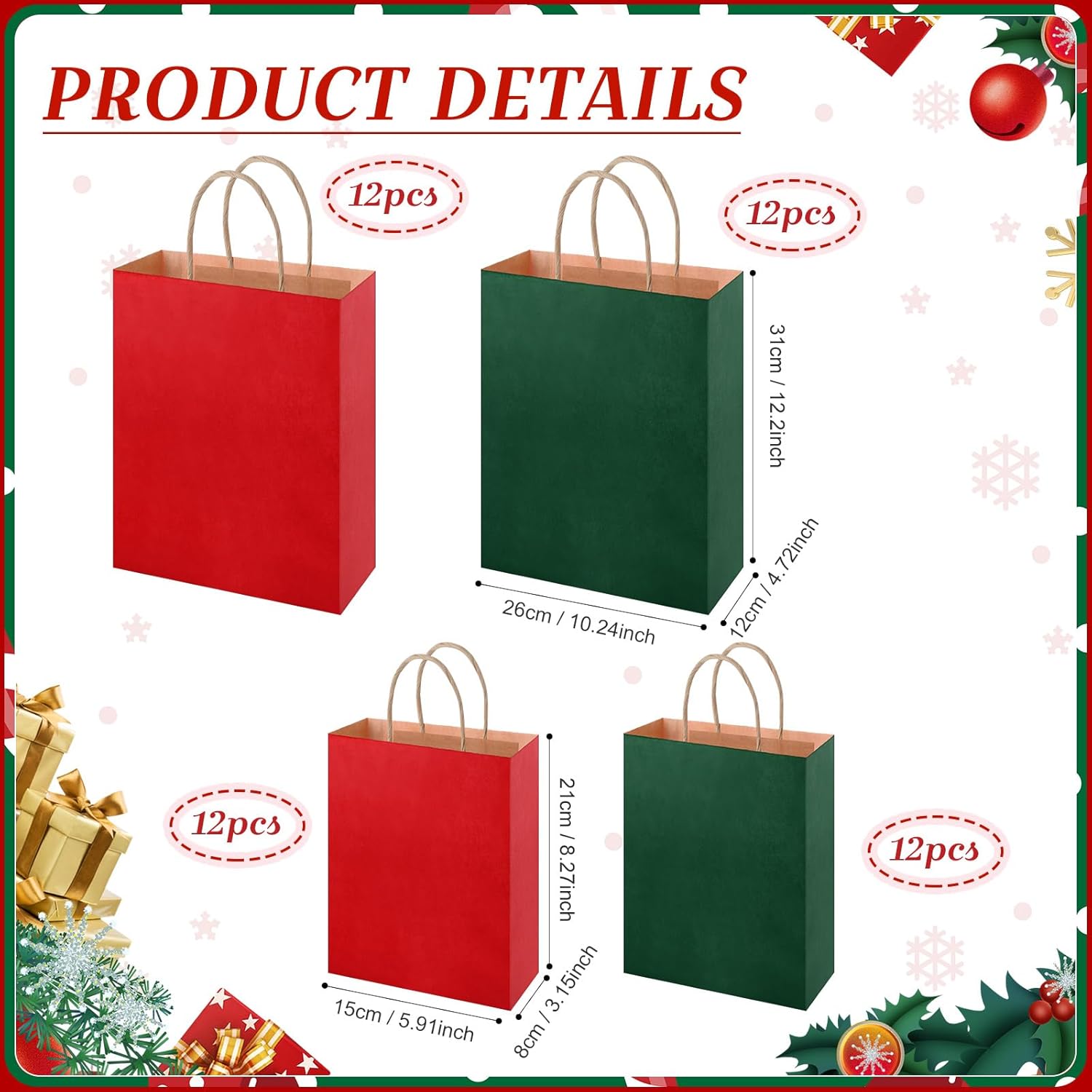 Fuyoooo 48 Pieces Christmas Paper Gift Bags Bulk Red and Green Bag Christmas Treat Tote Xmas Goodie Candy Tote for Xmas Party Supplies Decoration(12.2 x 10.24 x 4.72 Inches,8.27 x 5.91 x 3.15 Inches)
