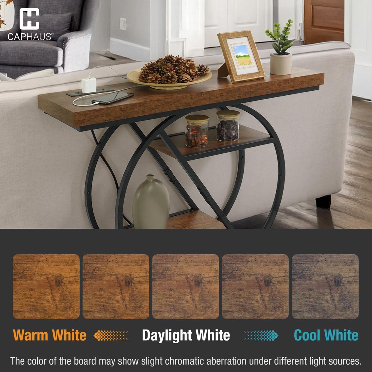 CAPHAUS 41” Unique Design 4-Tier Industrial Thick Sofa Console Table w/Storage & Charging Station, Entrance Tableau w/ 2 Outlets, USB & Type-C Ports for Living Room, Hallway, Rustic, Hourglass