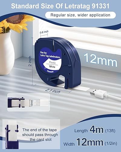 Miniatura 3 de 6PK - Cinta adhesiva de plástico blanca LetraTag 91331 (S0721660) LT91331 LetraTag de 0.472 in x 13.1 ft compatible con DYMO LetraTag LT100H LT100T