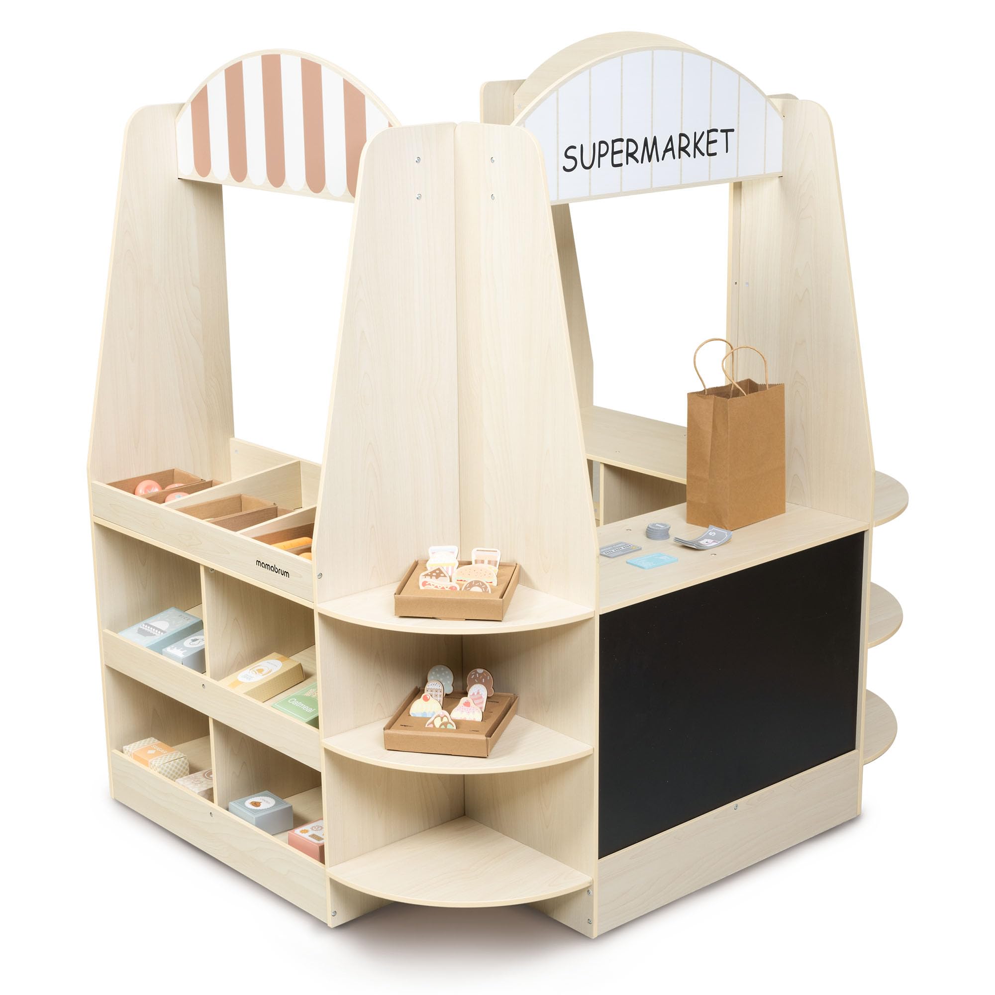 Mamabrum Grande Negozio di Legno per Bambini - 91 Pezzi per Gioco di Shopping con Lavagna, Frutta Verdura Cassa Accessori Educativi Divertimento 3+