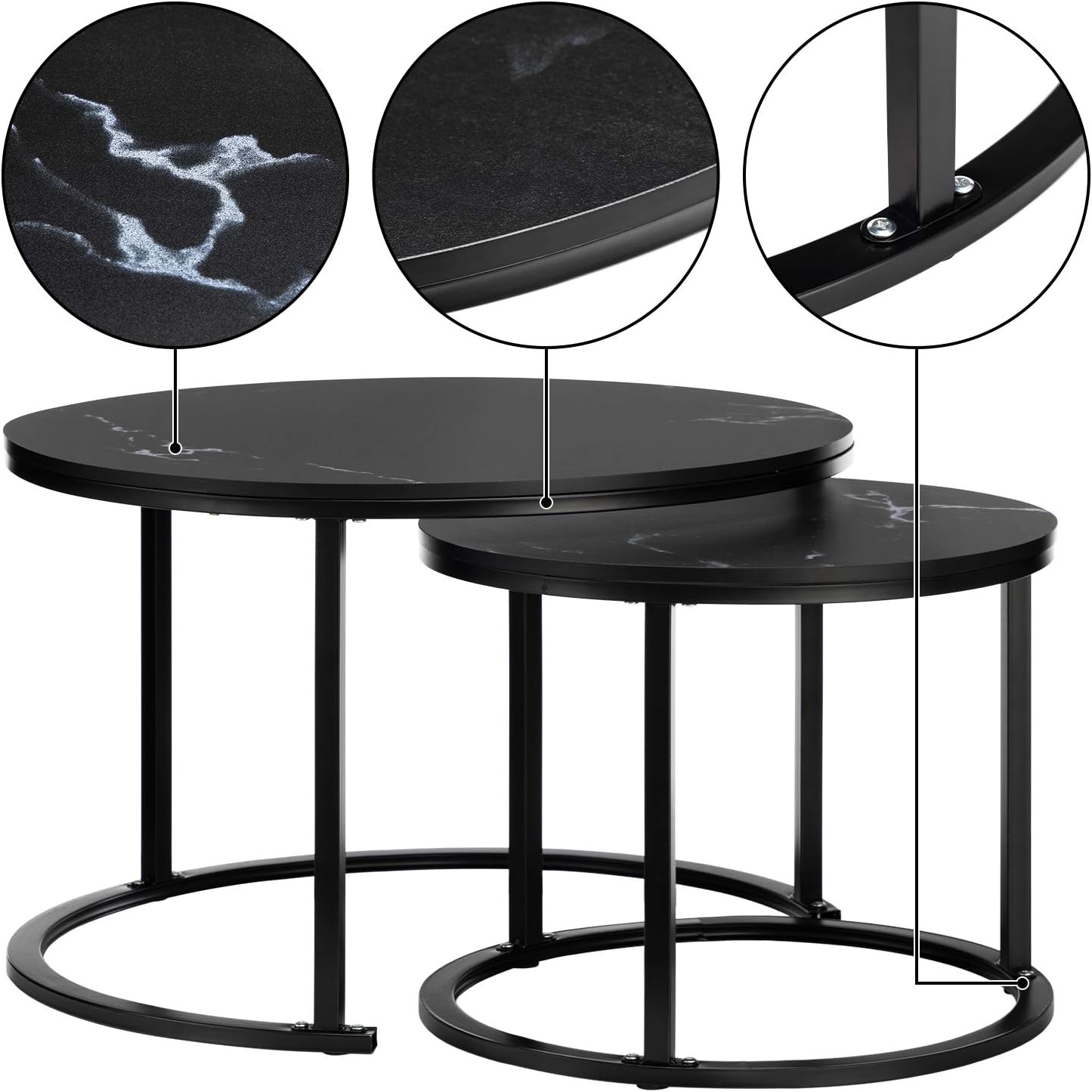 HollyHOME Modern Round Nesting Side Table Set of 2, Wood Coffee and Snack End Table with Metal Frame, Accent Tea Table for Living Room, (D) 27.56" x(H) 17.72", (D) 19.69" x(H) 15.75", Blac : Home & Kitchen