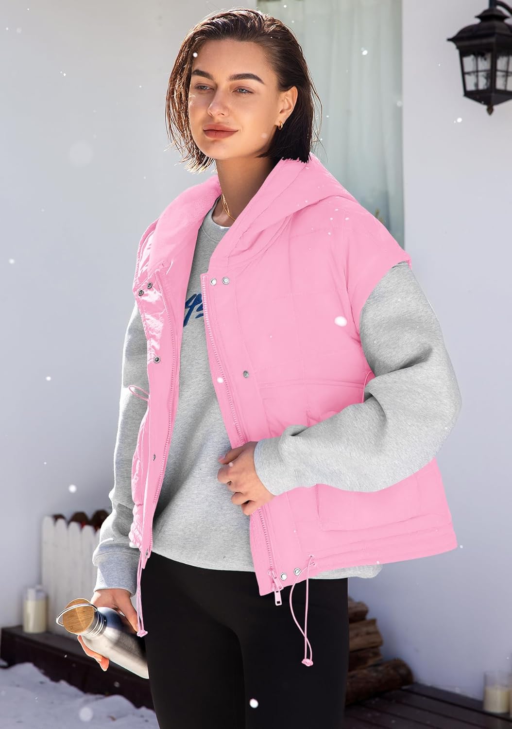 Panadila Womens Puffer Vest Oversized Sleeveless Quilted Jacket Zip Up Shacket with Hood Fall Winter Poncho Tops - Image 4