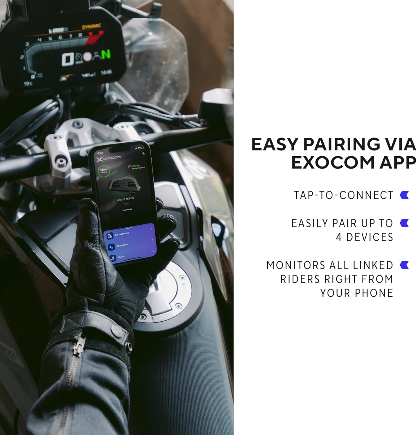 EXOCOM Link-1 Motorcycle Helmet Communication System Intercom - Slim 40mm HD Speakers with Bluetooth Intercom + Noise Cancellation, Compatible with All Helmets, Dark Silver, Single Pack Headset Kit