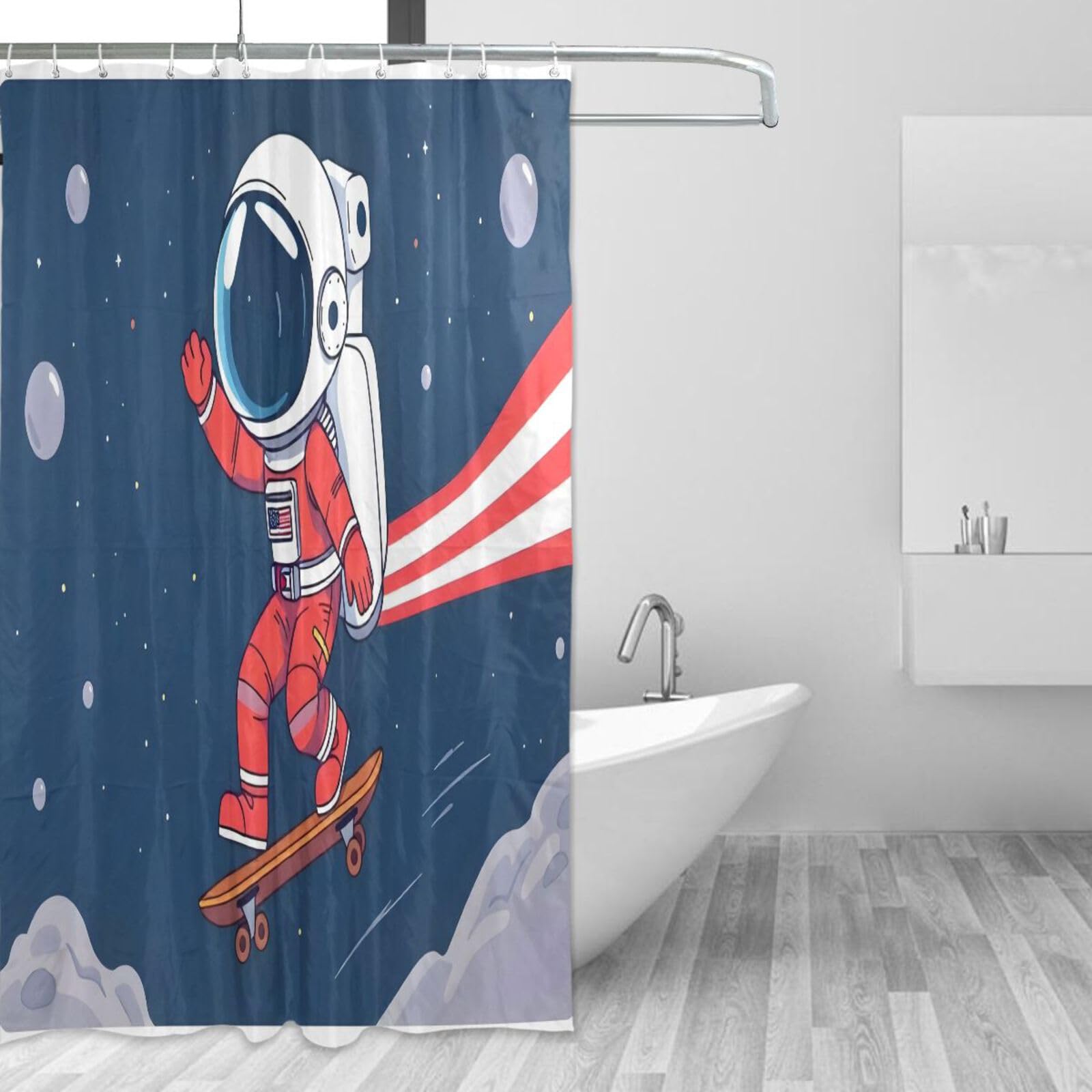 DUOBU Astronaut on Skateboard Shower Curtain Washable Waterproof Fabric Bath Curtain 60x72Inch Shower Curtains with Hooks for Bathroom Decor