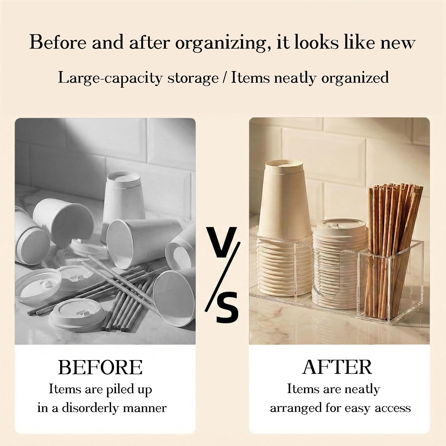 Acrylic Cup Organizer & Plastic Cup Holder for Coffee Bar - To Go Cup, Lid and Straw Organizer for Counter - 3 Slot Disposable Cup Storage