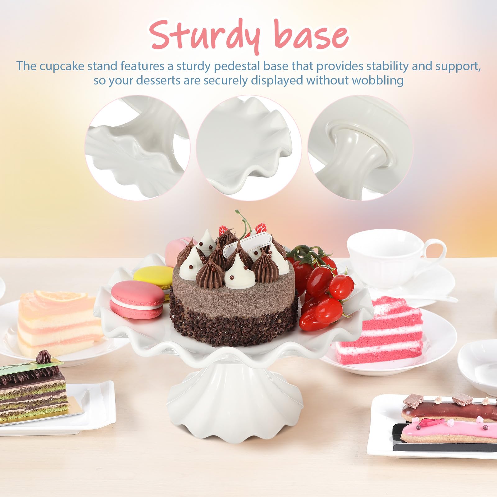 Soporte de Cerámica para Cupcakes Base Resistente y Borde Ondulado, Pedestal Elegante y Estable para Exhibición de Postres en Bodas y Fiestas