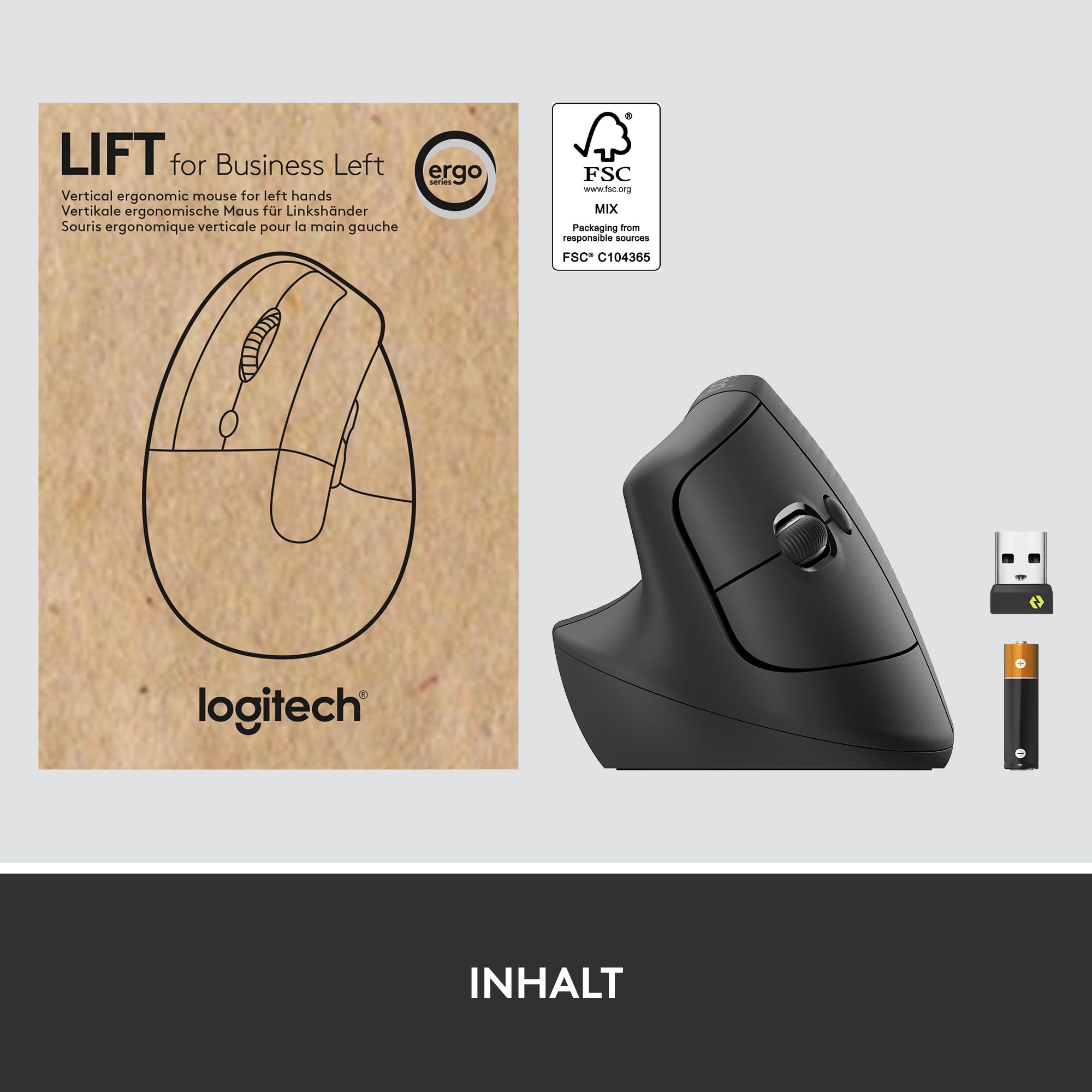Logitech Lift for Business Left, vertikale ergonomische Maus – für Linkshänder, kabellos, Bluetooth oder gesicherter Logi Bolt USB, leise Klicks, Windows/Mac/Chrome/Linux – Grafit, Small, 910-006495