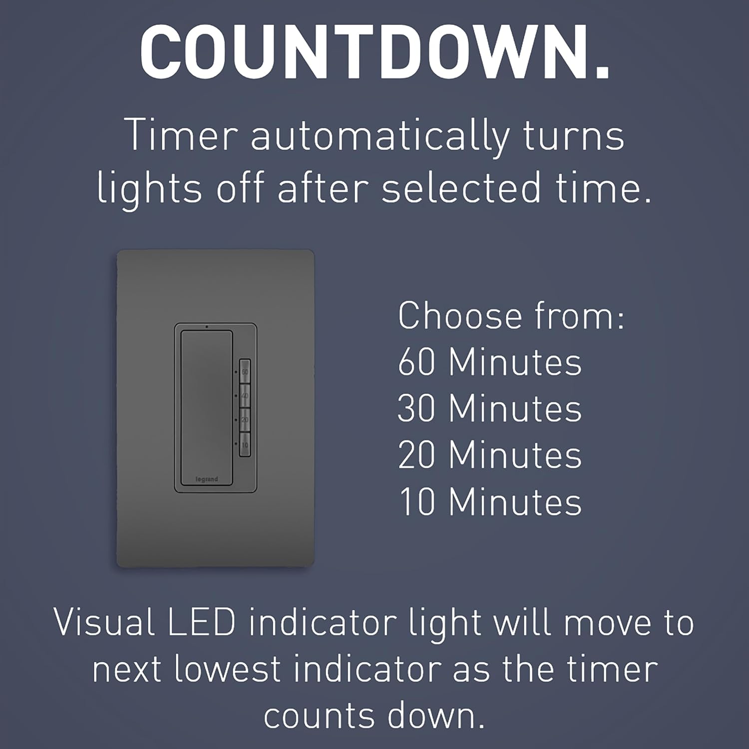 Legrand Radiant Digital Countdown Timer Switch, 4-Settings, Black, 1-Pack | Pass & Seymour Preset Countdown Timer 10, 20, 40, 60 Minutes, Locator Light