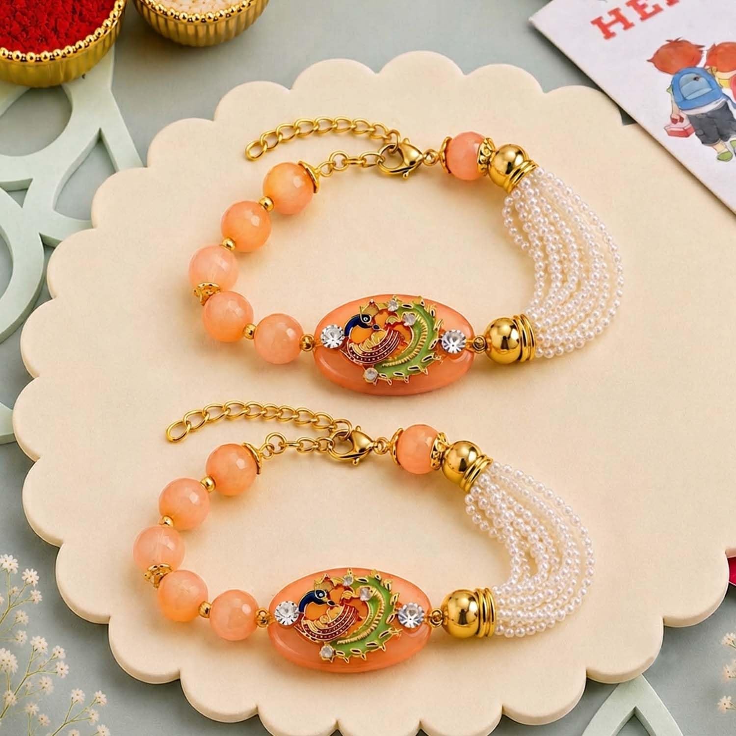 ascension Peacock bracelet Design Kundan Meena Rakhi Raksha Bandhan Gift Band Moli Bracelet Stone Pearl Designer Rakhi for Sister bhabhi with Roli Tilak Pack (Pack of 2)-picture-0