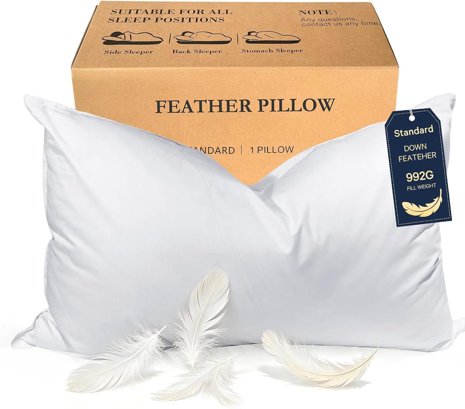 BHZ Goose Down Feather Standard/Queen Pillow, Luxury Hotel Collection Bed Pillow for Sleeping, Firm Soft Support for Side & Back Sleepers for Apartment College Dorm Room Essentials, White