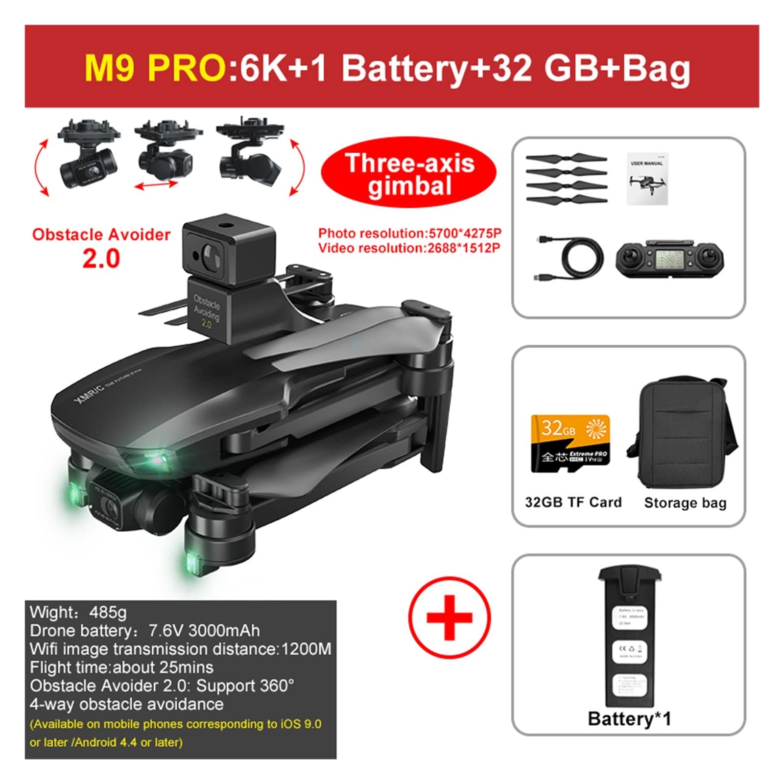 M9 PRO GPS Drony 360 ° Unikanie przeszkód 3- Gimbal EIS Kamera FPV Dron VS SG906MAX / PRO RC Zabawki dla dziecka dorosłego (Kolor: torba M9PRO 6K 1B 32GB)