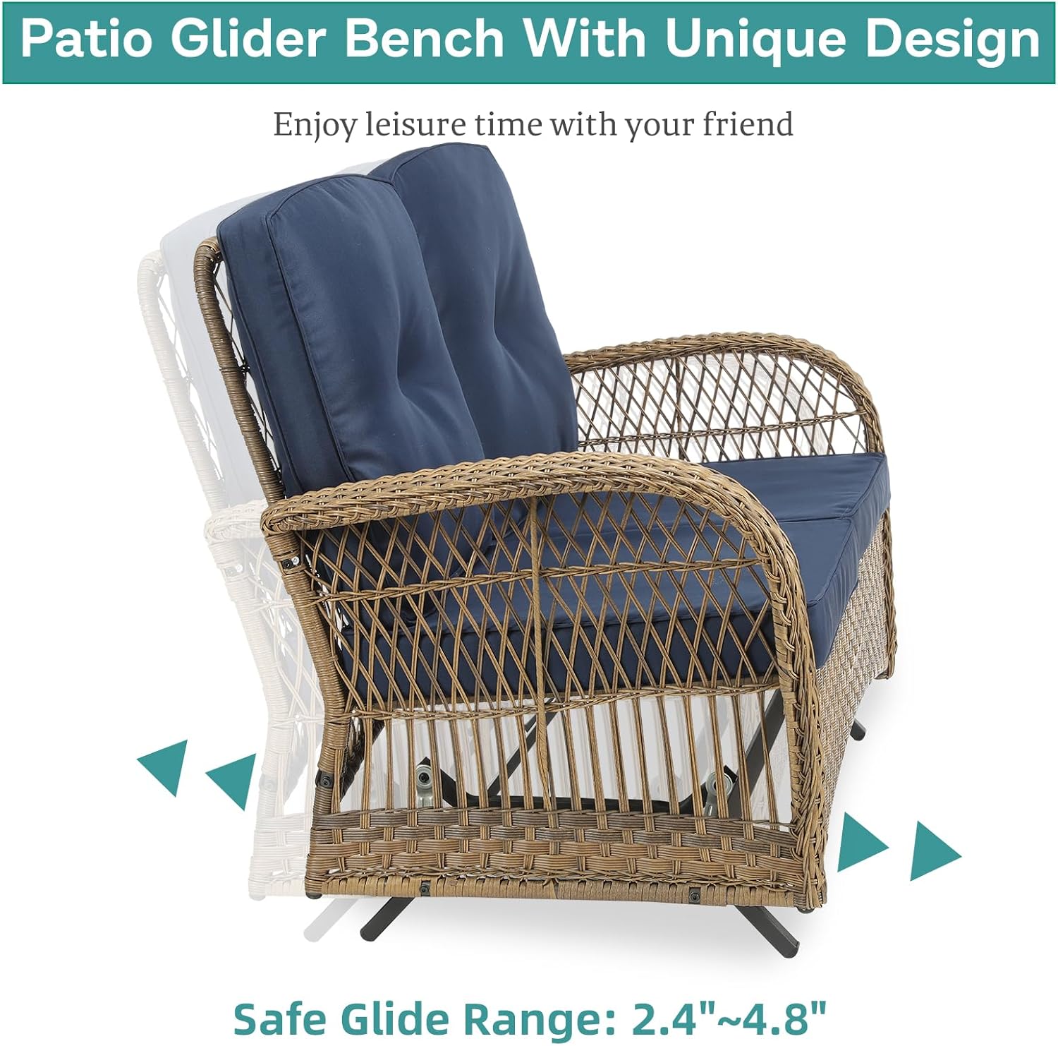 MEETWARM 5 Pieces Outdoor Patio Rattan Furniture Sets, All Weather Patio Wicker Conversation Set - 2 Rocking Swivel Chairs 1 Rattan Loveseat Glider w/Cushions, 2 Glass-Top Coffee Table, Navy Blue
