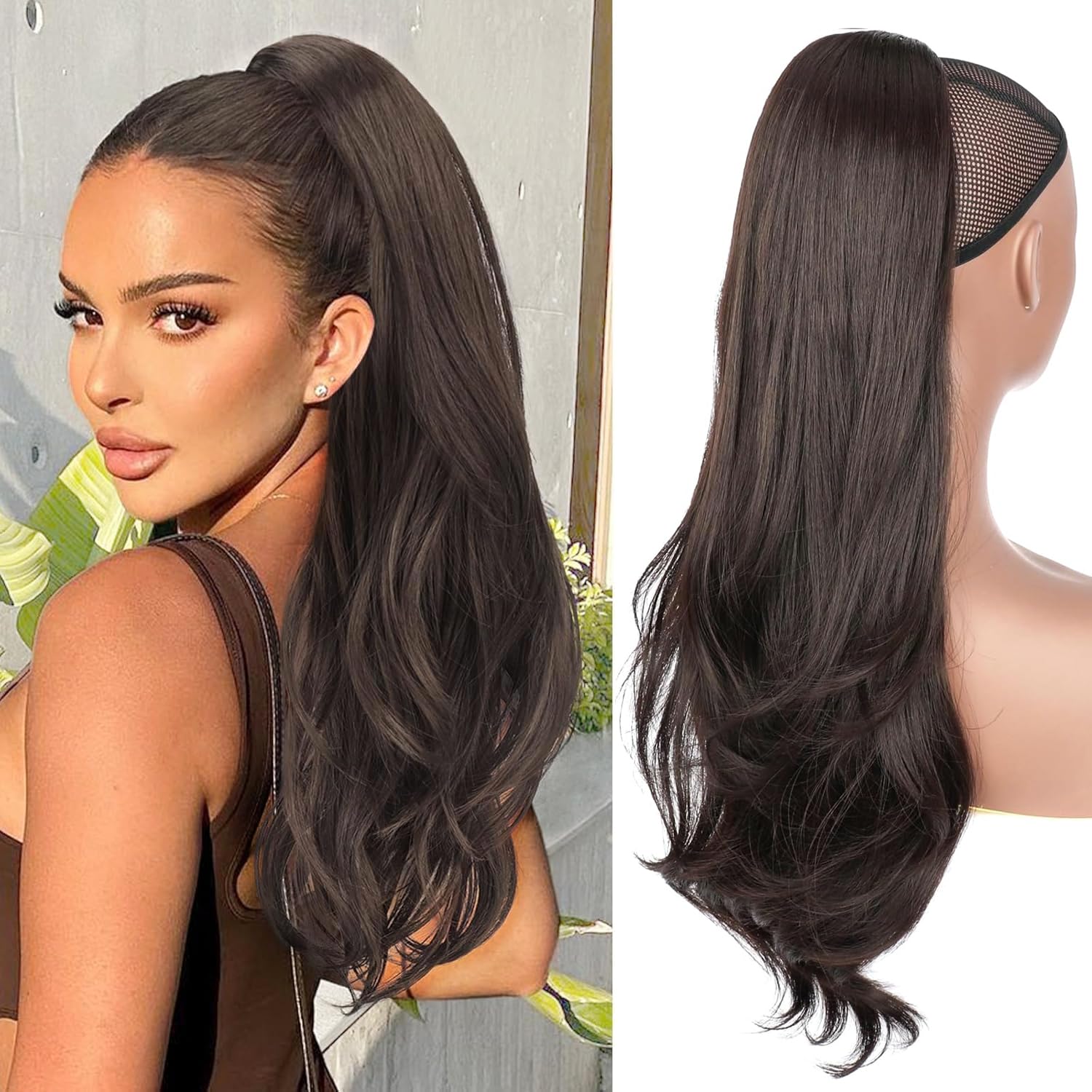 PORSMEER Ponytail Extension,Drawstring Ponytail Hair Extensions 26 Inch Long Natural Straight Wavy End Synthetic Hairpiece for Women Girls Daily Use (Dark Brown)