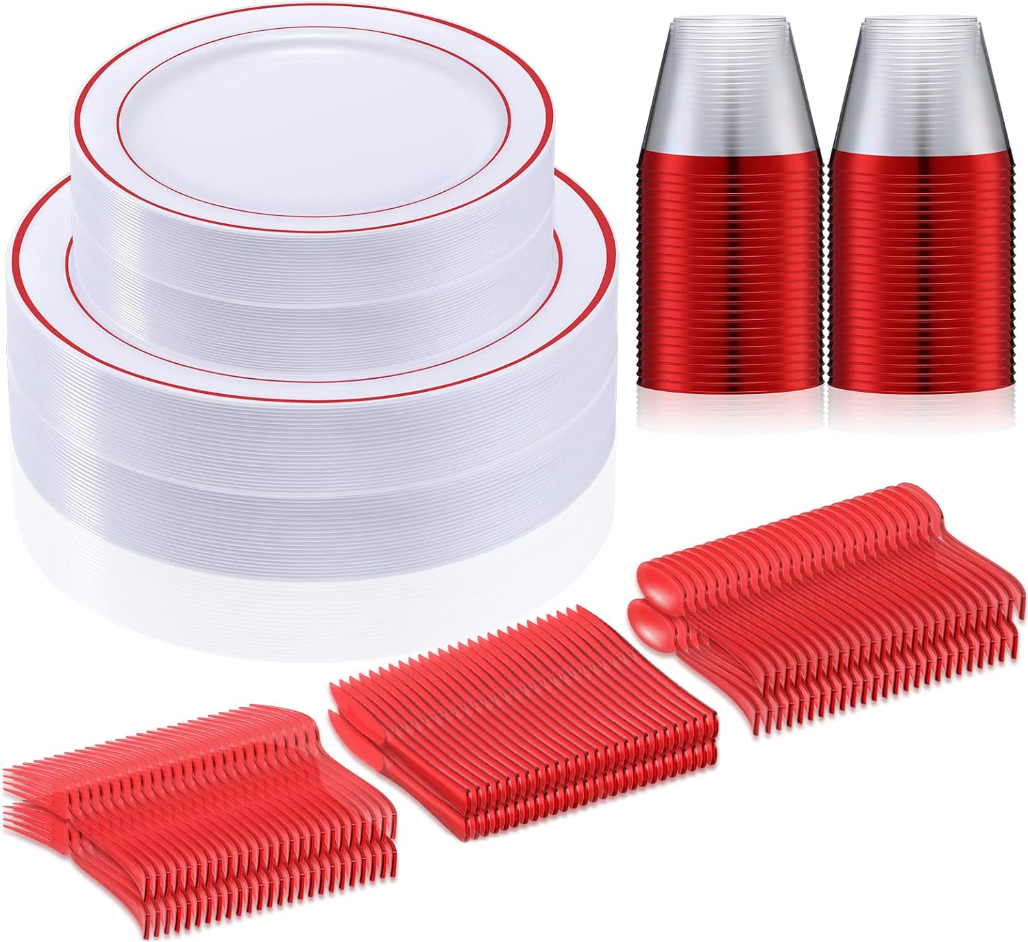 Zubebe 300 Pcs Plastic Plates Set, Clear Disposable Plates for 50 Guests, Plastic Dinnerware Set Include Knives, Spoons, Forks, Cups for Party Wedding Festival Picnics(Red)