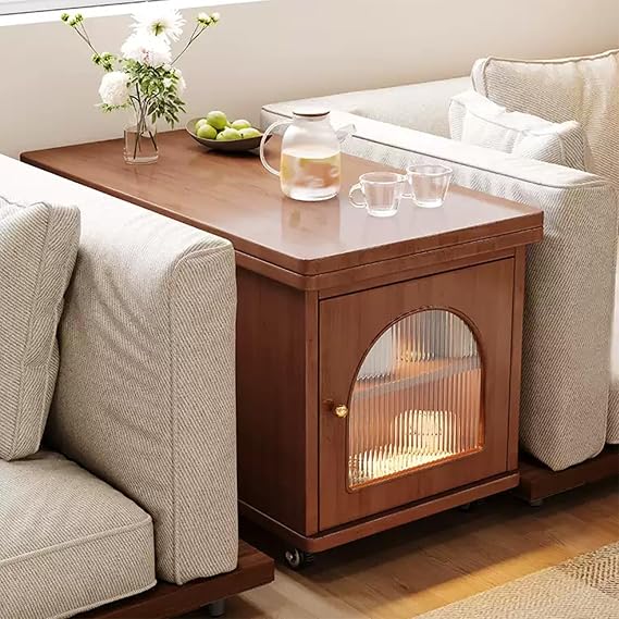 18 Inch High Sofa Side Cabinet, Folding Coffee Table Made of Solid Wood with Mobile Tea Cart, Side Table with Storage Space, Suitable for Living Room, Bedroom and Hallways (A