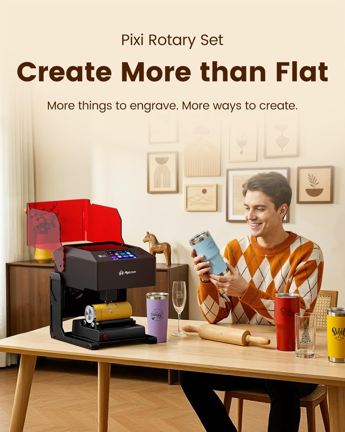 Pixi 10W Laser Engraver and Cutter Machine with Rotary Roller Kit | Portable Laser Engraver with 3.5" Smart Touchscreen, AlgoOS, App Control for Wood, Metal, DIY,Beginner & Small Business thumbnail