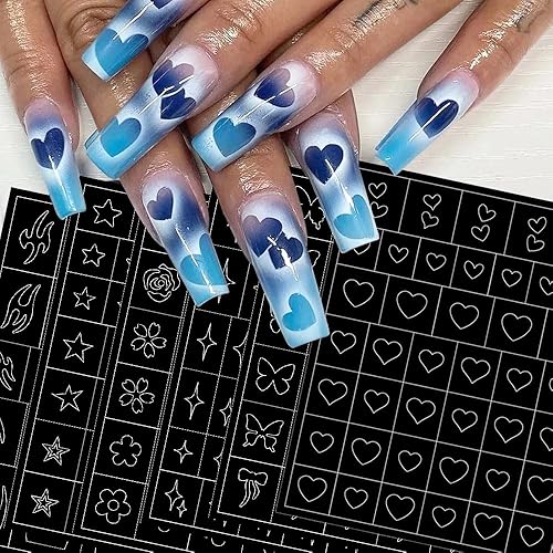 6 hojas de plantillas de aerógrafo, mariposa hueca 3D, llama, cuatro estrellas puntiagudas, calcomanías de uñas de estrella de corazón, herramienta